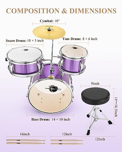 Kids Drum KIt Eastar 3-Piece for Beginners, 14 inch Drum Set with Adjustable Throne, Cymbal, Pedal & Two Pairs of Drumsticks, Junior Drum Set with Bass Tom Snare Drum, Metallic Sky Blue - Image 11