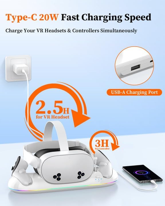 Charging Dock for Meta Quest 3S/3/2, 20W Magnetic Charging Station for Oculus Quest 3S/3/2 Accessories with Rechargeable 2X2100mAh Batteries, RGB Charging Stand for VR Headset & Controllers - Image 4