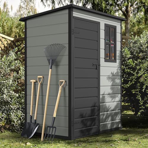 DWVO 5x3ft Resin Outdoor Storage Shed with Floor, Waterproof Lockable Storage Shed with Window, Plastic Outside Tool Storage for Garden, Backyard, Patio, Lawn, Gray - Image 2