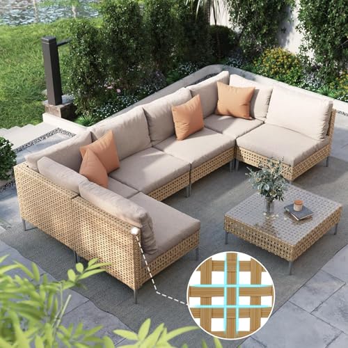 Grand patio 7-Piece Wicker Patio Furniture Set, Boho Outdoor Conversation Set Sectional Sofa with Water Resistant Thick Cushions and Coffee Table, Cream - Image 52