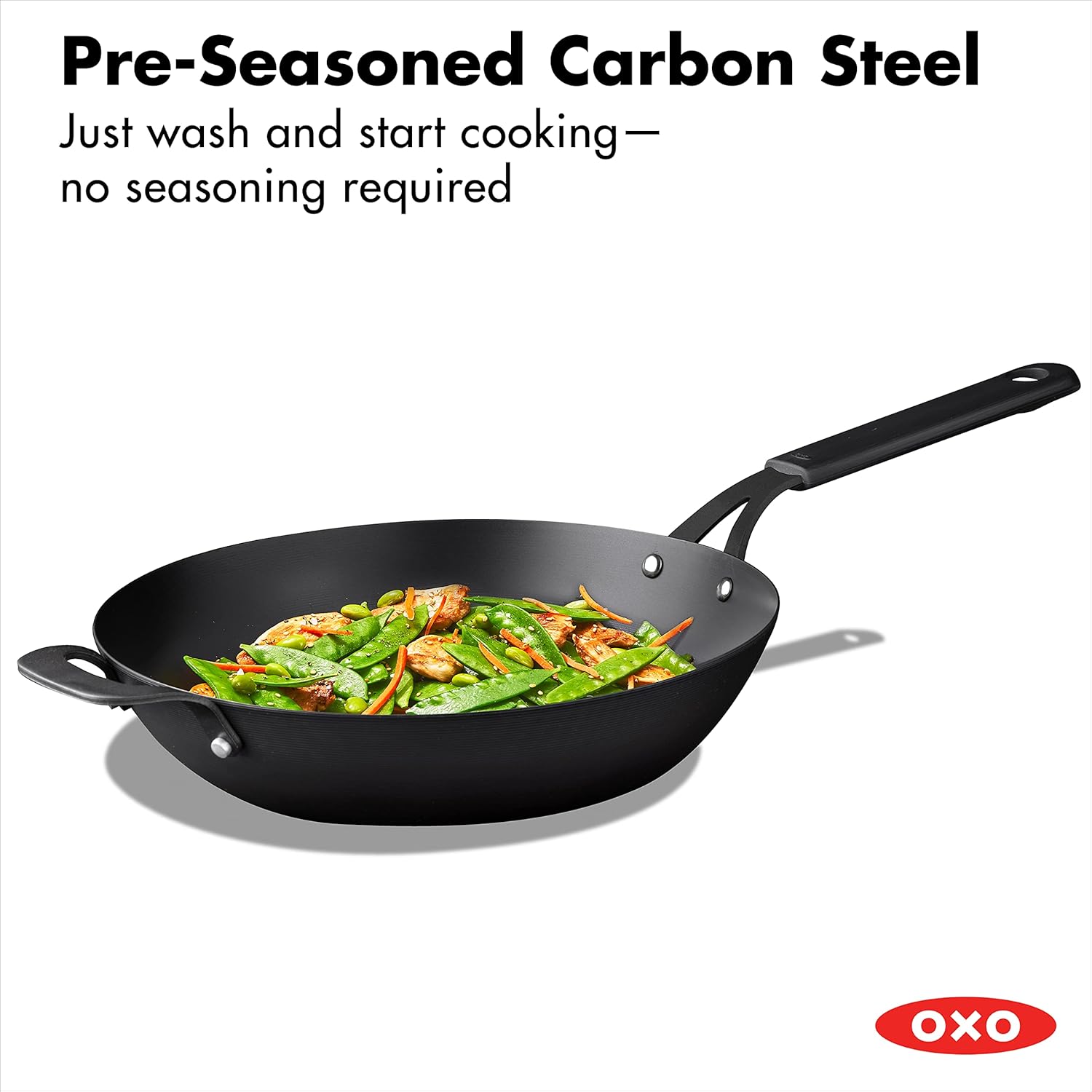 OXO Obsidian Pre-Seasoned Carbon Steel, 12 Wok Pan with Removable Silicone Handle Holder, Induction, Oven Safe, Black - Image 2
