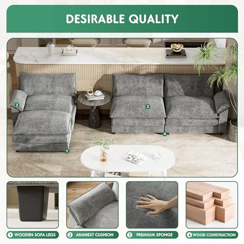 YESHOMY Sectional Modular Sofa U Shaped Chenille Fabric Couch with High Supportive & Soft Sponges and Removable Ottoman, Sleeper Comfy Upholstered Furniture for Living Room, Grey - Image 44