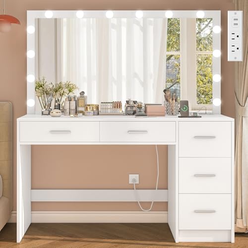 Makeup Vanity Desk with Mirror, 10 Lights, 5 Drawers, 3 Storage Shelves, 3 Color Modes & Adjustable Brightness Dressing Table, 35.4?? Desk, Black