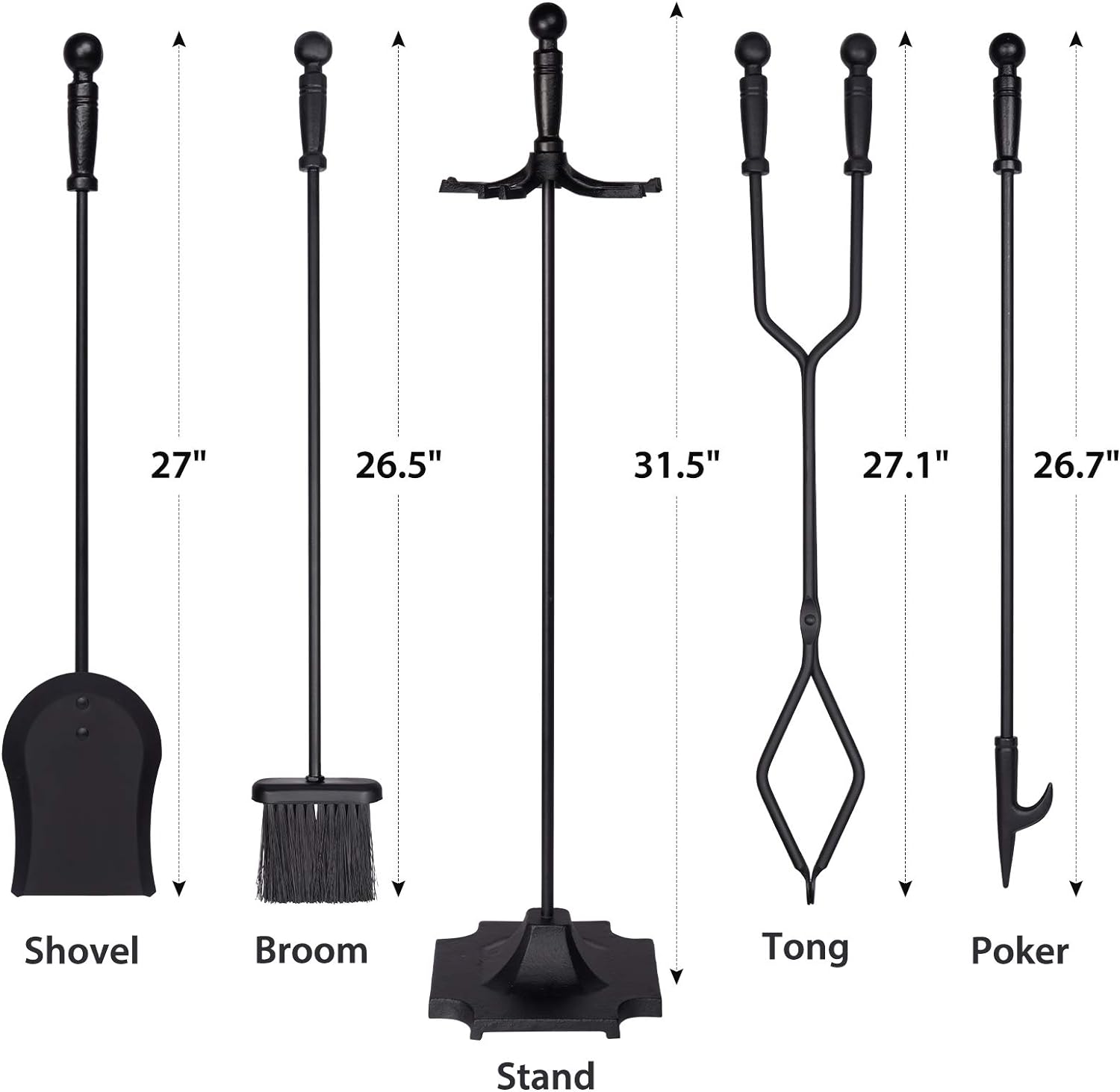 Parts & Accessories 5-Piece Fireplace Tools Set, 32 Inch Wrought Iron Fireplace Accessories Includes Fire Poker, Shovel, Brush, Tong, and Stand, Easy to Assemble - Image 2