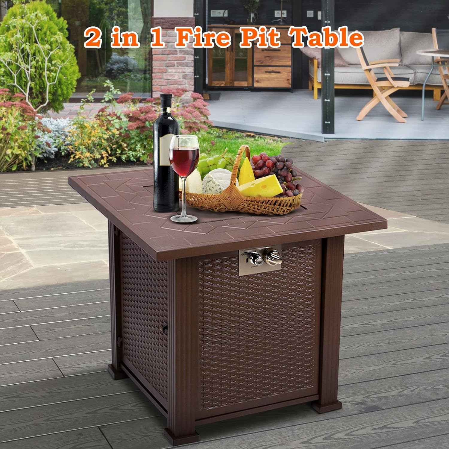SINGLYFIRE 28 Inch Propane Fire Pit Table Square 2 in 1 Fire Table 50,000 BTU with Cover, Lid and 6.6lbs Lava Rock,Gas Fire Pit Table for Outside Patio, Garden, Backyard, Deck, Brown (SGFP-001C) - Image 6