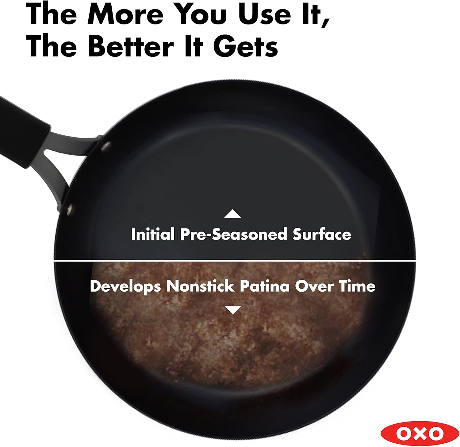 OXO Obsidian Pre-Seasoned Carbon Steel, 12 Wok Pan with Removable Silicone Handle Holder, Induction, Oven Safe, Black - Image 4