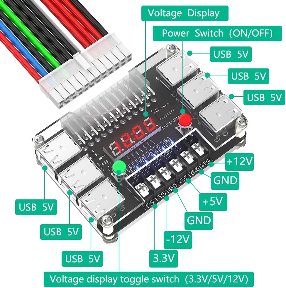 New Version ATX Power Supply Breakout Board and Acrylic Case Kit with 3.3V, 5V, 12V,-12V Output Voltage and 12 Ports USB, 3A Maximum Output - Image 3