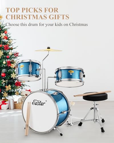 Kids Drum KIt Eastar 3-Piece for Beginners, 14 inch Drum Set with Adjustable Throne, Cymbal, Pedal & Two Pairs of Drumsticks, Junior Drum Set with Bass Tom Snare Drum, Metallic Sky Blue - Image 8